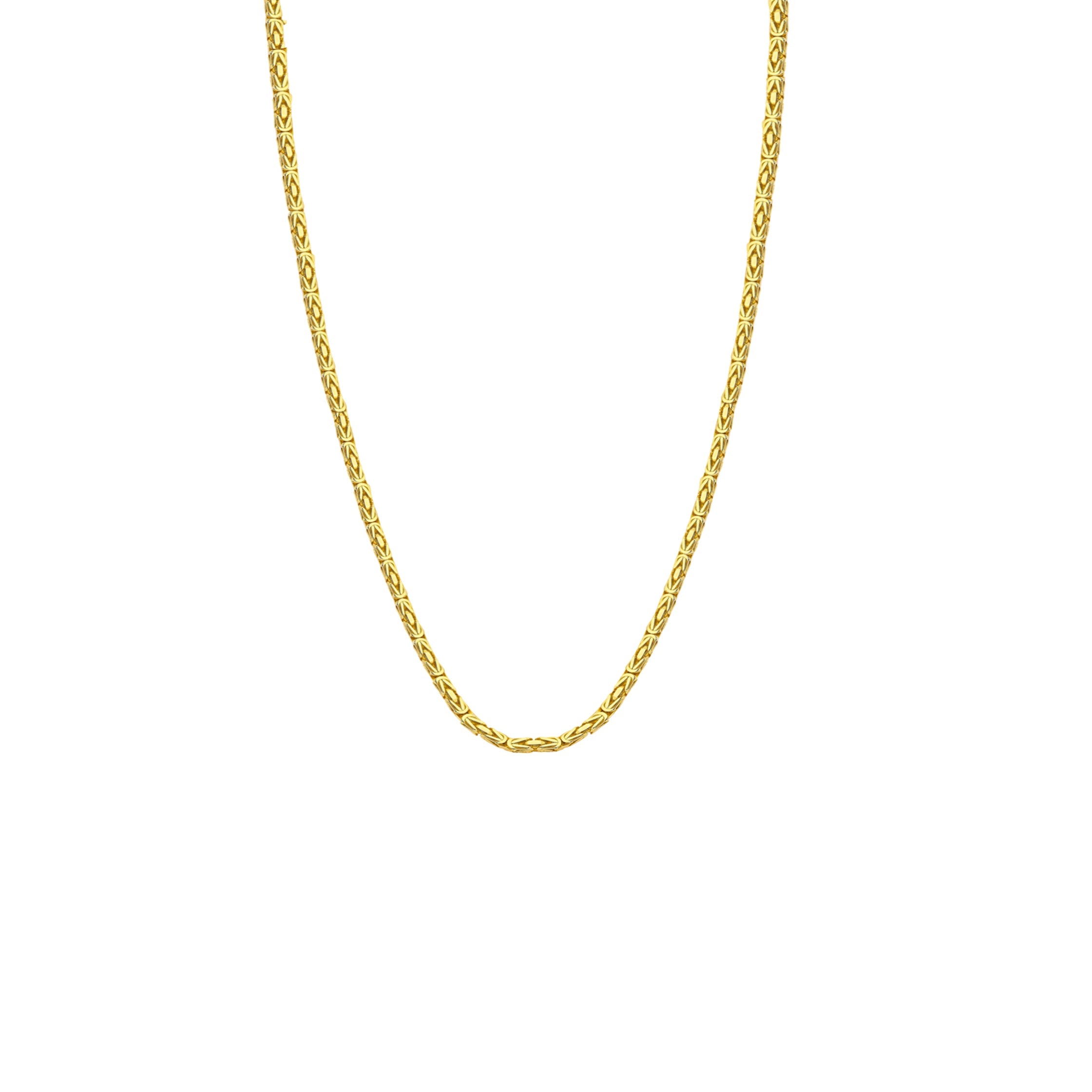 14K gold Byzantine square chain necklace, 6.00mm, featuring an intricate design and polished finish.