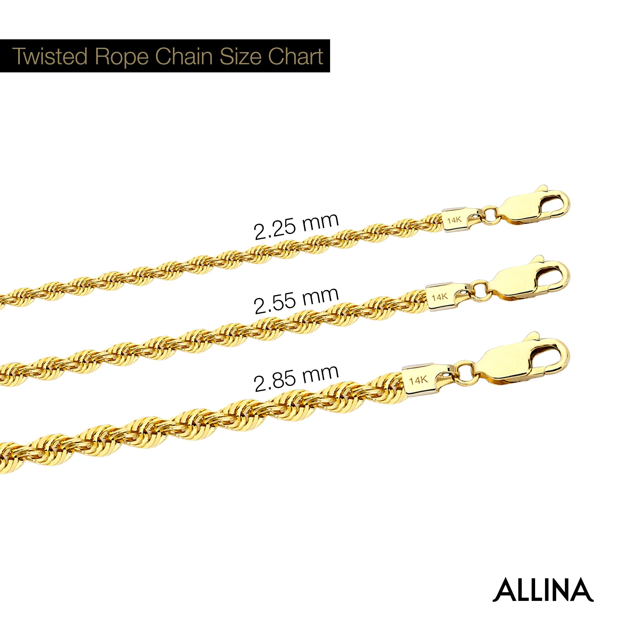 2.25mm gold rope chain necklace with polished finish, perfect for layering and everyday wear.
