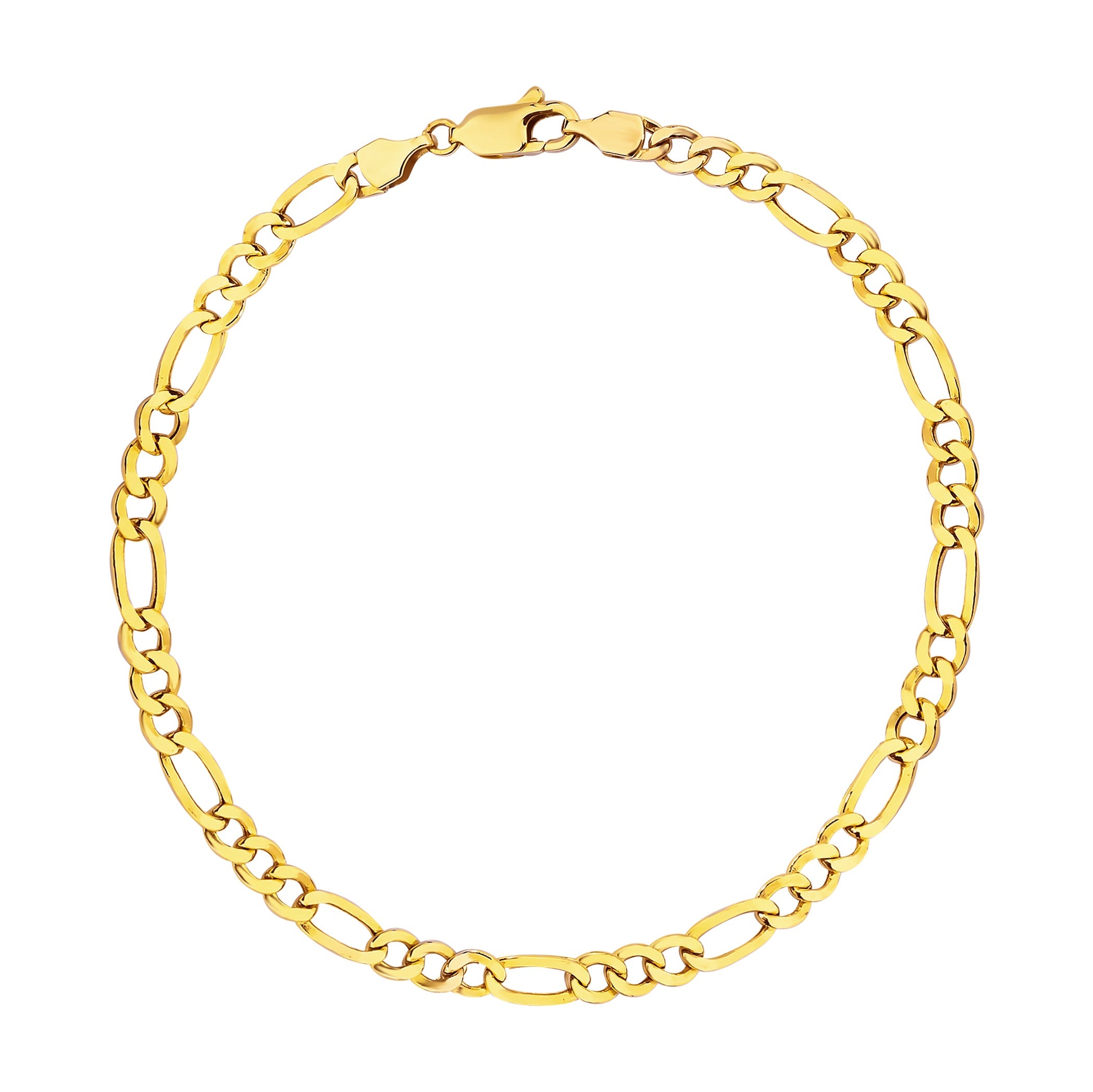 14K gold Figaro chain bracelet, 3.45mm, featuring a polished finish and interlocking links.