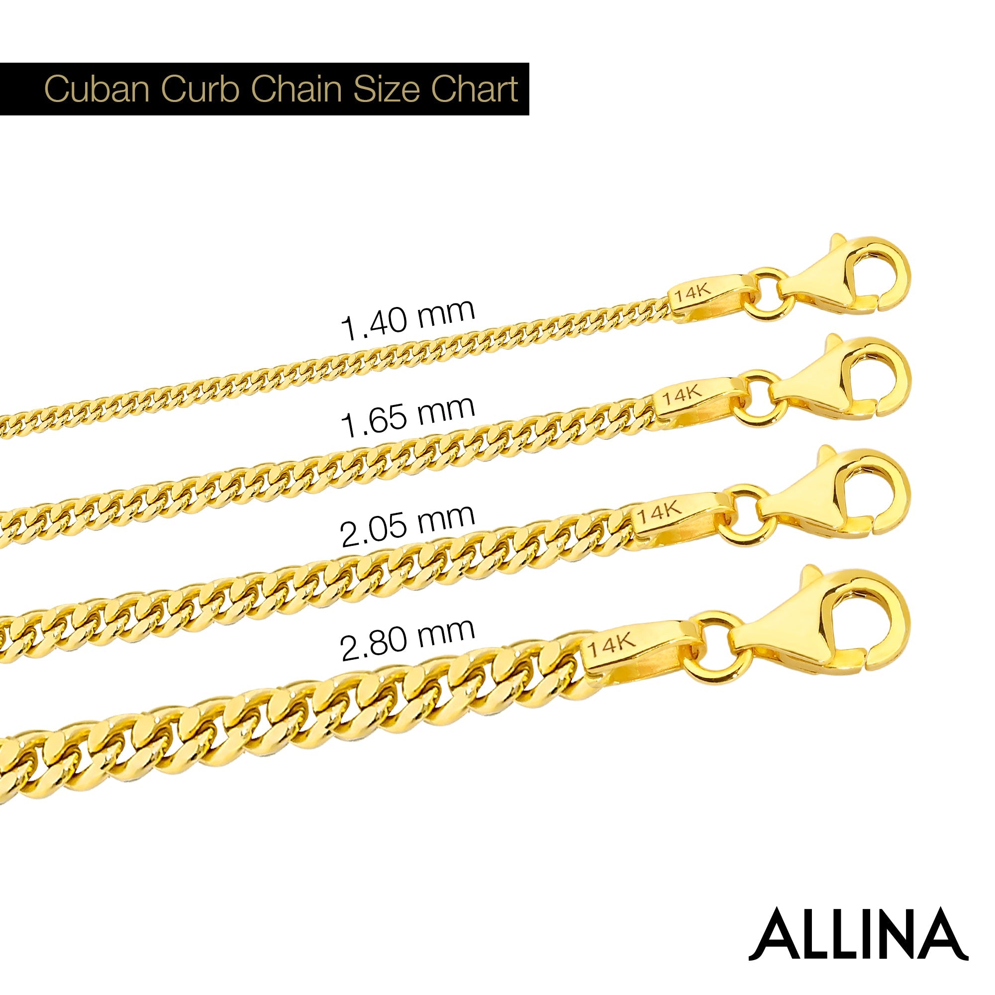 14K gold Cuban link chain necklace, 1.40mm, featuring polished finish and interlocking links.